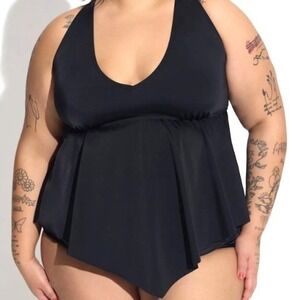 TORRID Women's 1X Black Halter Criss Cross Back Flared Peplum‎ Tankini Swim Top